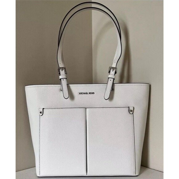 New Michael Kors Jet Set Travel Medium Double Pocket Tote Optic White - Picture 1 of 7